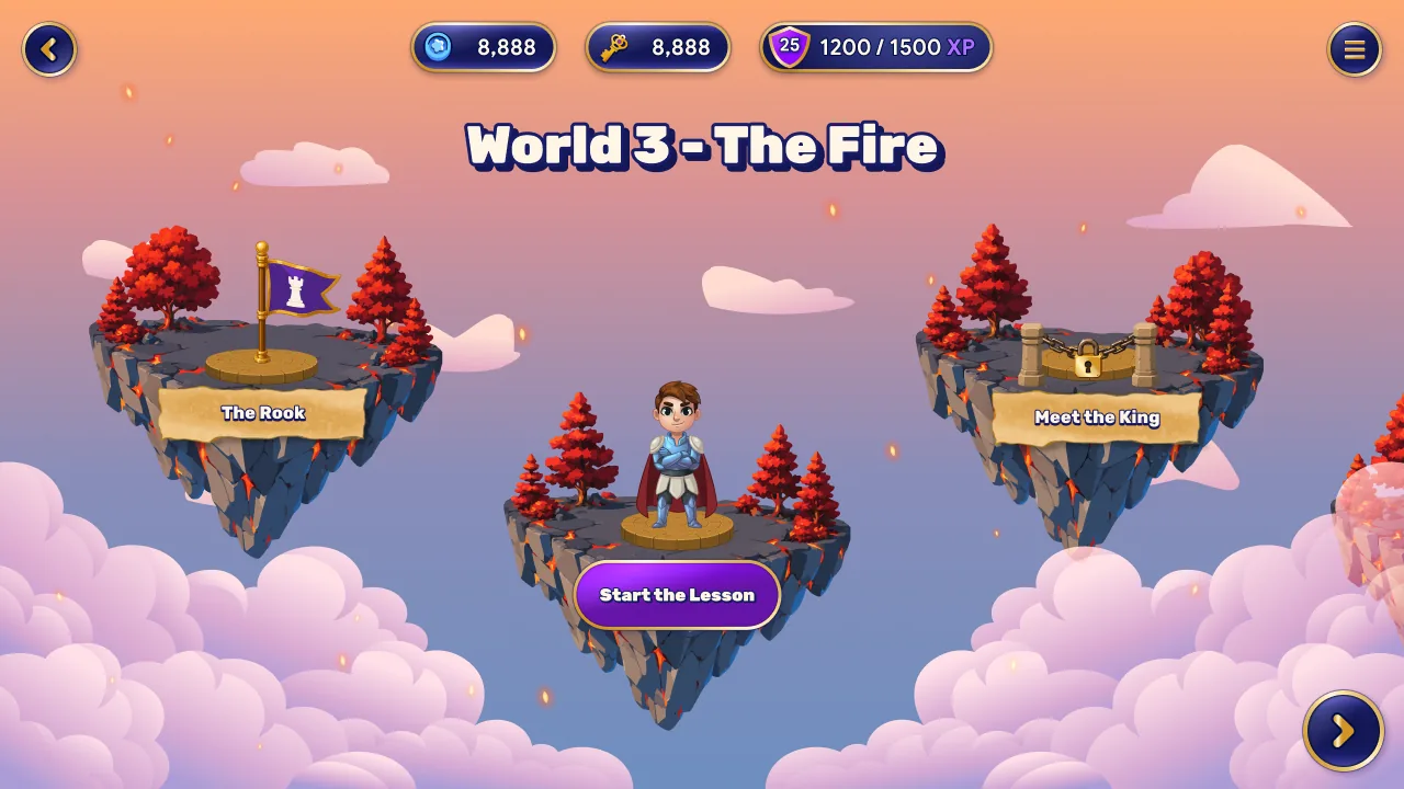World 3, The Fire: a map of lesson islands to unlock