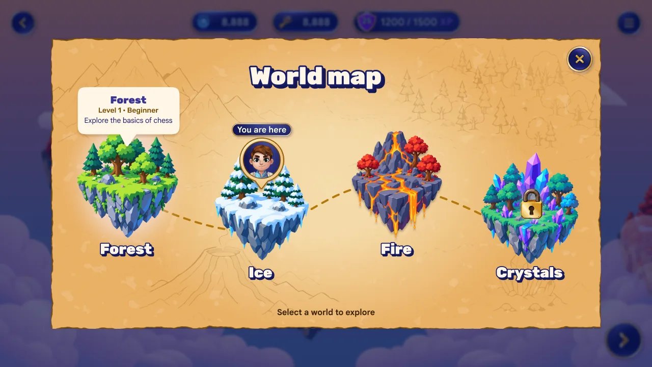 the world map: Forest, Ice, Fire and Crystals