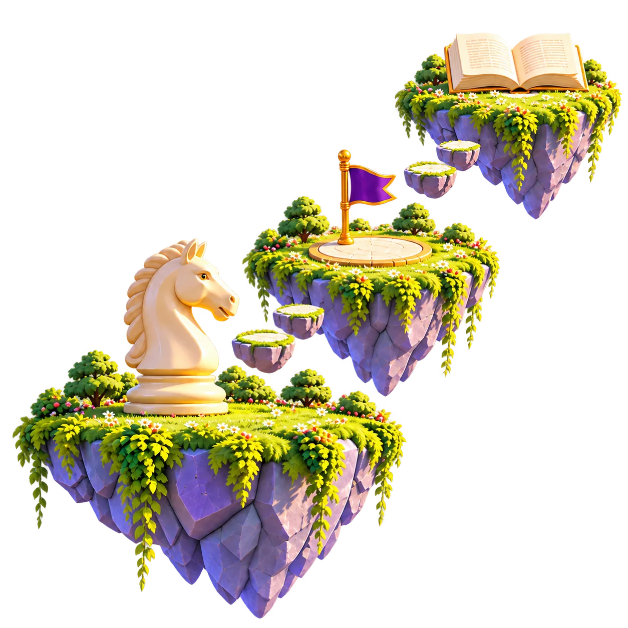 A chess knight on a floating island, looking along a path of stepping stones to a checkpoint flag and an open book