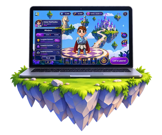 Chess Magic’s main hub on a laptop, on a floating island
