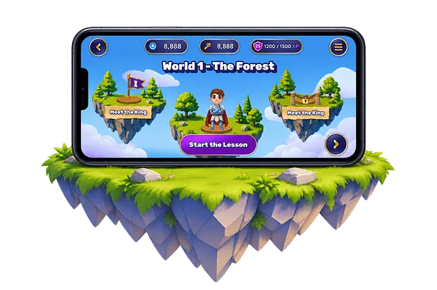 The lesson map on a phone, on a floating island